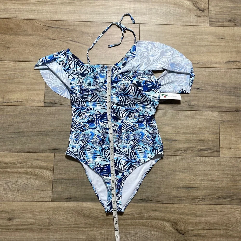 Stylish Swimwear Womens One Piece Floral Ruffle Halter Swimsuit Size‎ L Blue